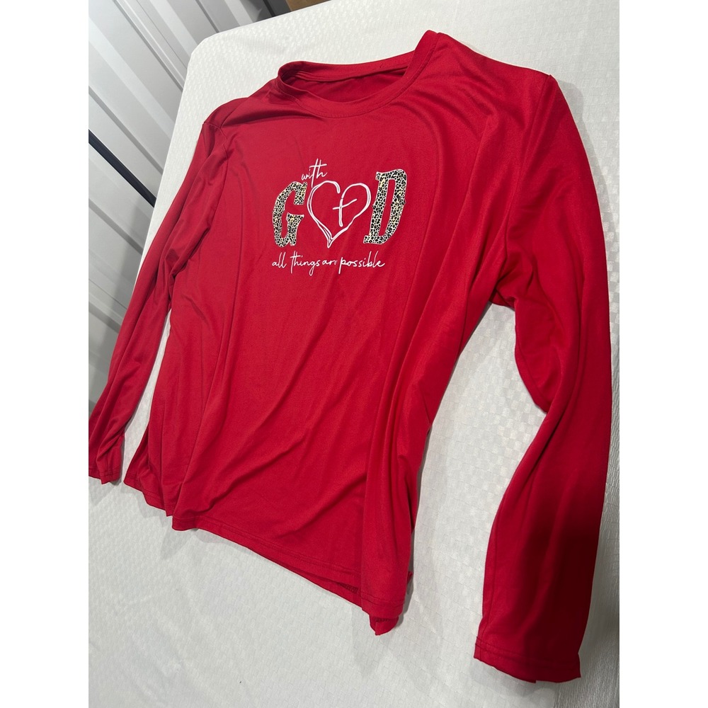 Red With God All Things Are Possible Leopard Print Graphic Tee Long Sleeve 5XL